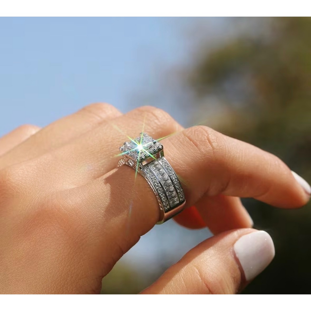 Unbranded White Gold Princess Cut Square CZ Halo Statement Cocktail Ring in Silv - Picture 3 of 5